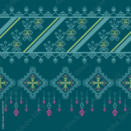 Cross-stitch pattern on knitted sweater, the pattern consists of floral patterns and in green, blue and pink tones on a dark background. This design is traditional art, suitable for textiles.