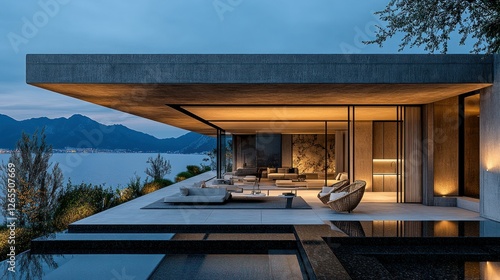 Fototapeta Naklejka Na Ścianę i Meble -  Modern concrete house patio with lake view at dusk