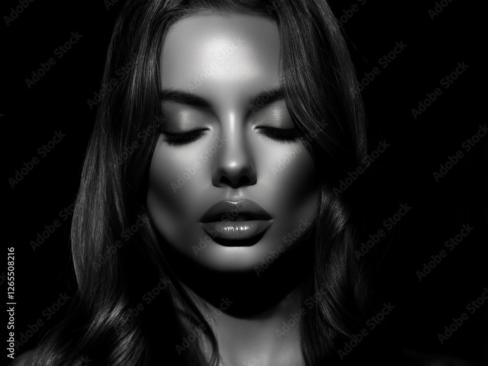 Mysterious Woman Portrait in Dramatic Light and Shadow Contrast Mysterious Woman Portrait in Dramatic Light and Shadow Contrast