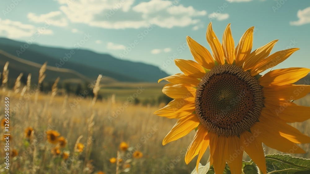 Fototapeta premium Bright sunflower with delicate pollen grains visible in the center, golden petals reaching outward, blurred countryside and mountain view