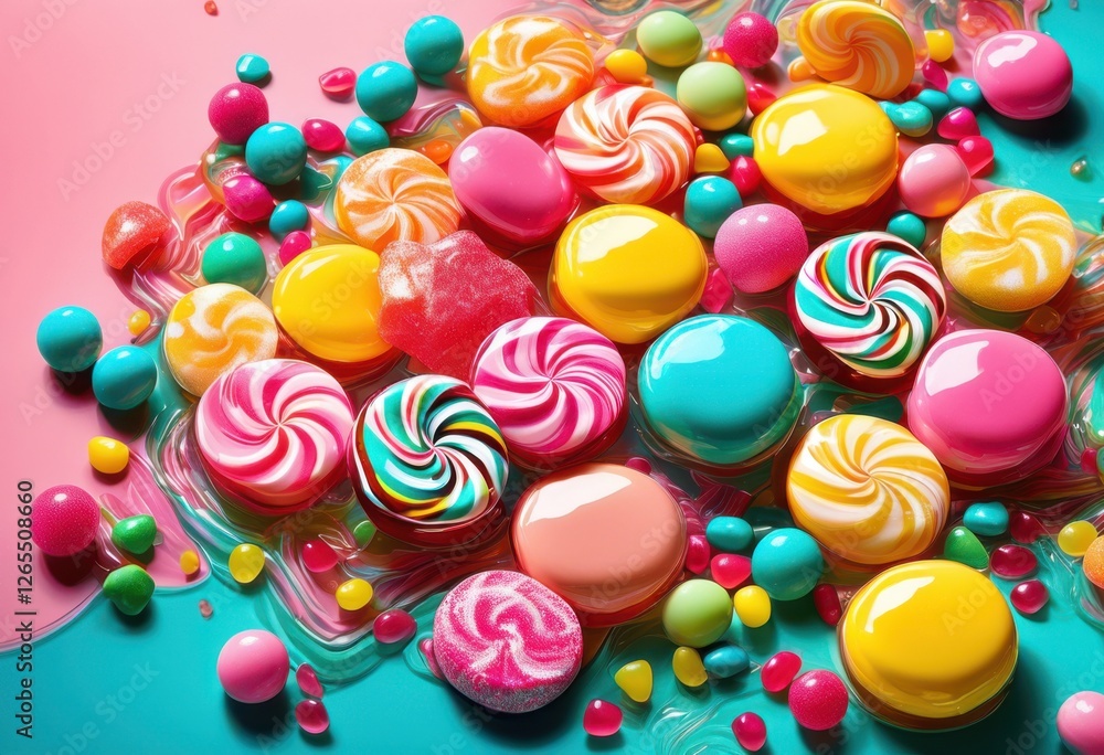 Fototapeta premium vibrant still life assorted candies perfectly arranged eye catching colorful backdrop whimsical visual experience, candy, sweets, arrangement, lollipop