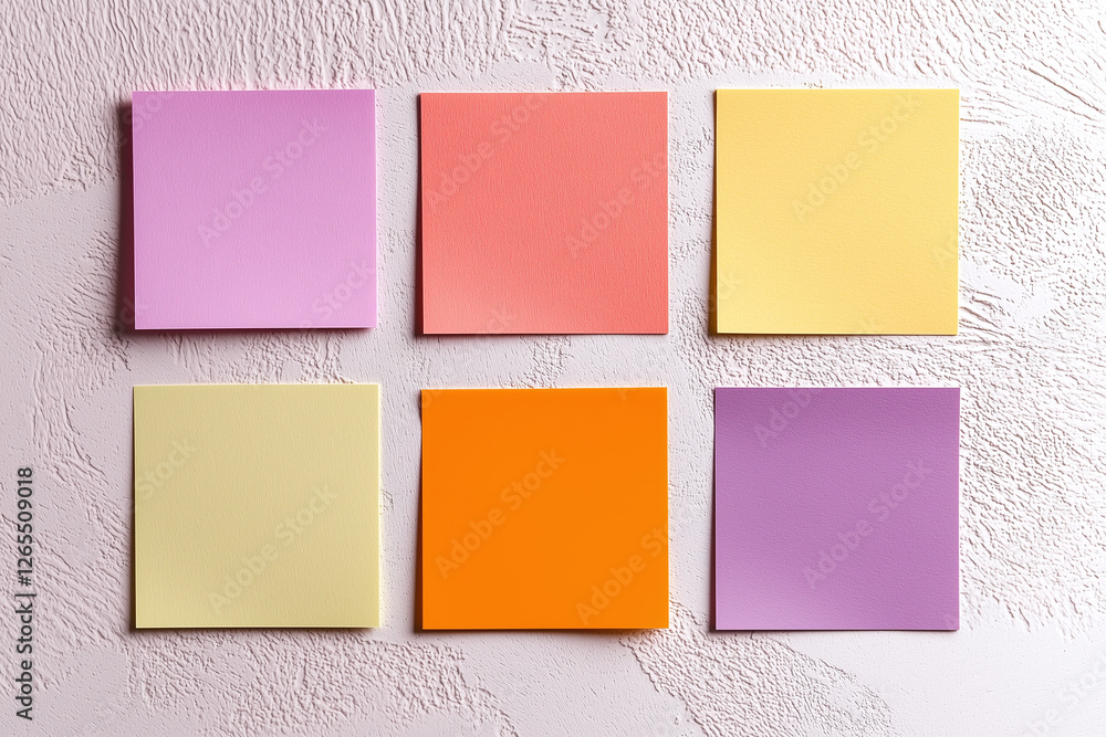 Colorful sticky notes arranged on textured wall, showcasing various pastel shades. These notes can be used for reminders, messages, or creative projects Colorful sticky notes arranged on textured wall, showcasing various pastel shades. These notes can be used for reminders, messages, or creative projects