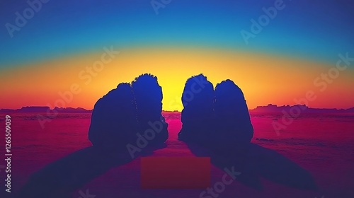 Vibrant sunset illuminates twin rocks casting long shadows across desert landscape. AI Generated photo