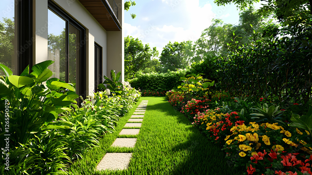 Naklejka premium Stone Path Through Lush Green Garden with Colorful Flowers