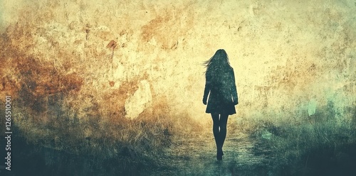Silhouette of a woman walking on a path away from viewer