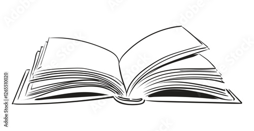 Open book hand drawn on transparent background. Vector image drawn with black lines.