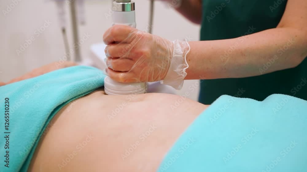 Professional dermatologist performing radio frequency lifting procedure on the stomach of a woman. Female client getting rf-lifting treatment on her belly at cosmetology clinic