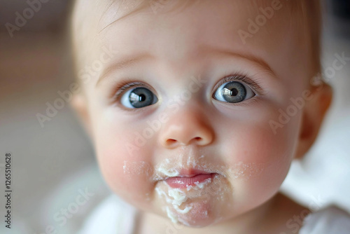 Generative AI image of a cute baby eating food in a highchair with a messy and funny expression photo