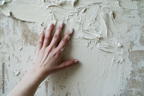 Woman s hand presses onto textured canvas covered with paint photo