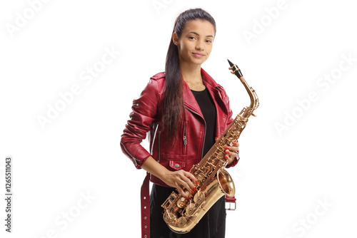 Female saxophonist in a red leather holding a saxophone photo