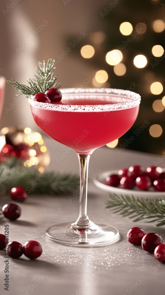 Festive cocktail with cranberries and greenery set against a holiday backdrop in a cozy setting Festive cocktail with cranberries and greenery set against a holiday backdrop in a cozy setting