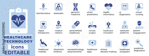 Modern Healthcare Technology vector icons set. Ideal for medical apps, telehealth, AI, and digital health projects