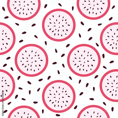 Vector seamless pattern with dragon fruit slices,half cut. Fruit pattern for wallpaper, food wrapping paper, fabric, spring and summer holidays.