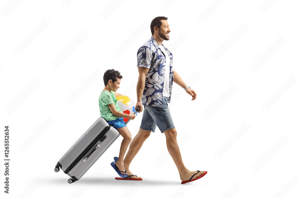 Father pulling a suitcase with boy sitting on top Father pulling a suitcase with boy sitting on top