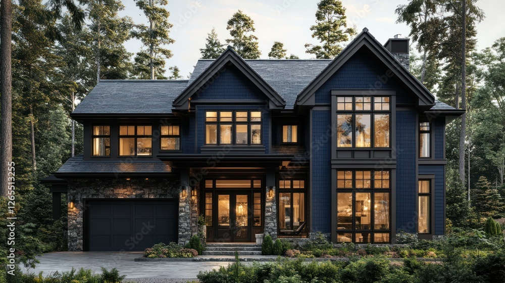 Modern dark blue house exterior, evening, forest backdrop Modern dark blue house exterior, evening, forest backdrop