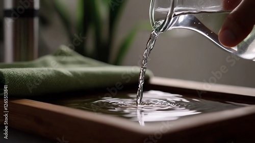 Pouring Water into a Wooden Tray: Zen-like Tranquility