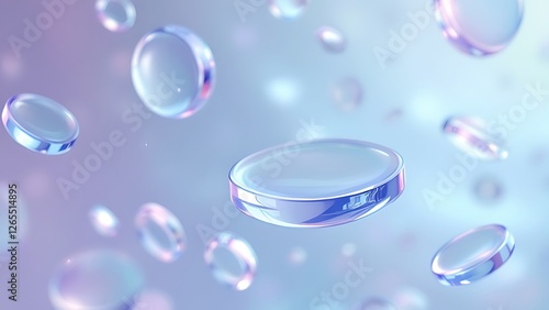 Flying crystal or glass disks on purple abstract geometric background 3d render. Iridescent transparent plates, circle panels with flare and light refraction from prism, wallpaper. 3D illustration