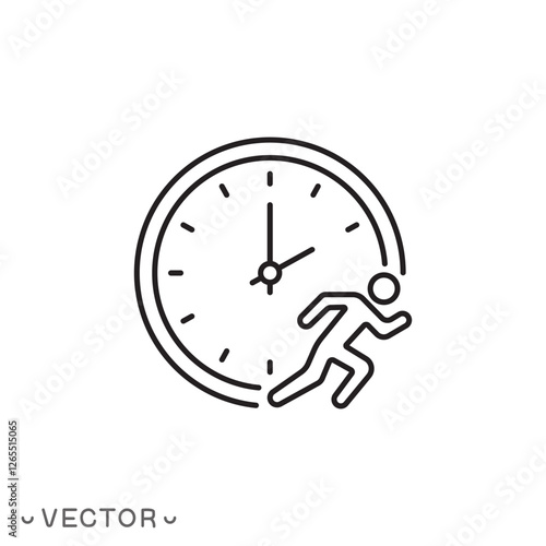 time management icon, running businessman and clock circle, busy schedule career, organize hours work, rush job deadline, thin line symbol concept isolated on white background, stroke eps 10 vector