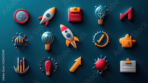 Colorful 3D business and innovation icons on a dark blue background, featuring rockets, lightbulbs, arrows, and clocks for creative projects.
