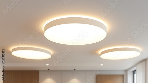 Spotlights recessed ceiling 3D render. Realistic interior room with round glowing downlights at night. Artificial lighting, LED lamps for home or office on dark background, angle view photo