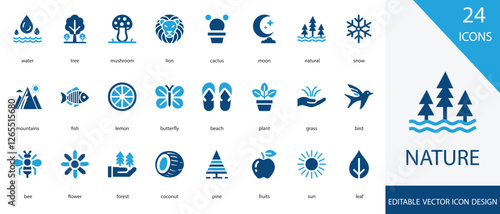 Nature solid icon set. containing beach,   lemon, tiger, coconut, moon, snowflake, bee and more vector design