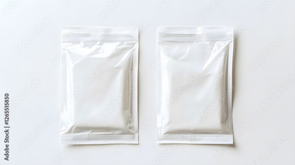 Two clean white sealed bags, highlighted by diffused natural light. Two clean white sealed bags, highlighted by diffused natural light.