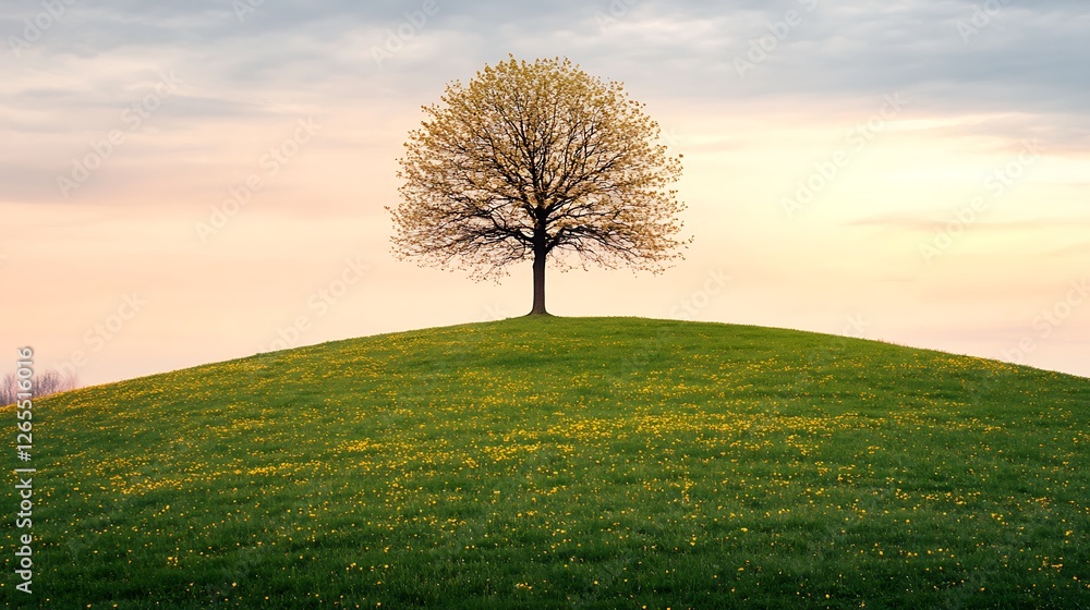 Obraz premium Solitary Tree on a Hill of Dandelions at Sunset