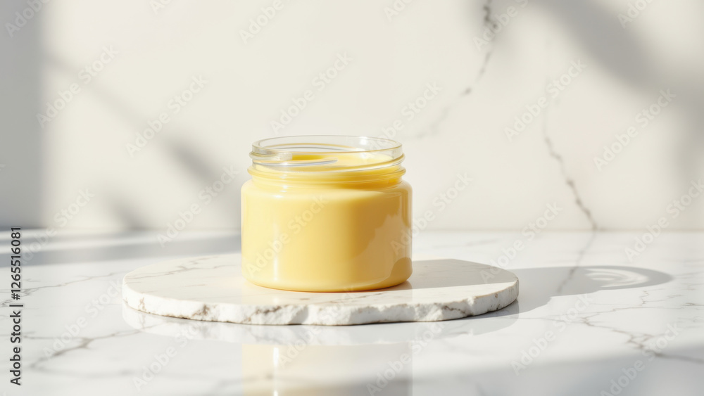 Beef Tallow Soap in a small glass jar with a yellowish-orange color on a white marble surface, suggesting quality and natural ingredients. Beef Tallow Soap in a small glass jar with a yellowish-orange color on a white marble surface, suggesting quality and natural ingredients.