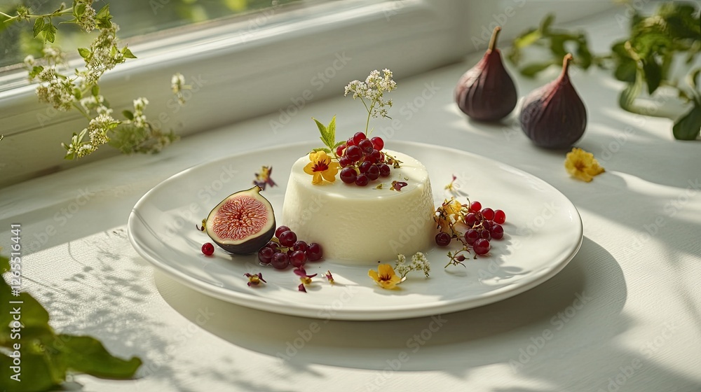Panna cotta dessert served on a white ceramic plate, adorned with currants, figs, and delicate flowers, placed on a sunny windowsill