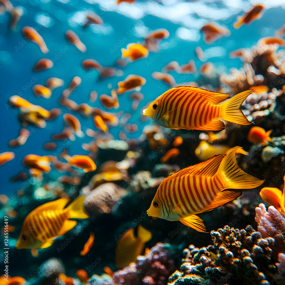 Fototapeta premium Striped Orange Fish Schooling near Vibrant Coral Reef