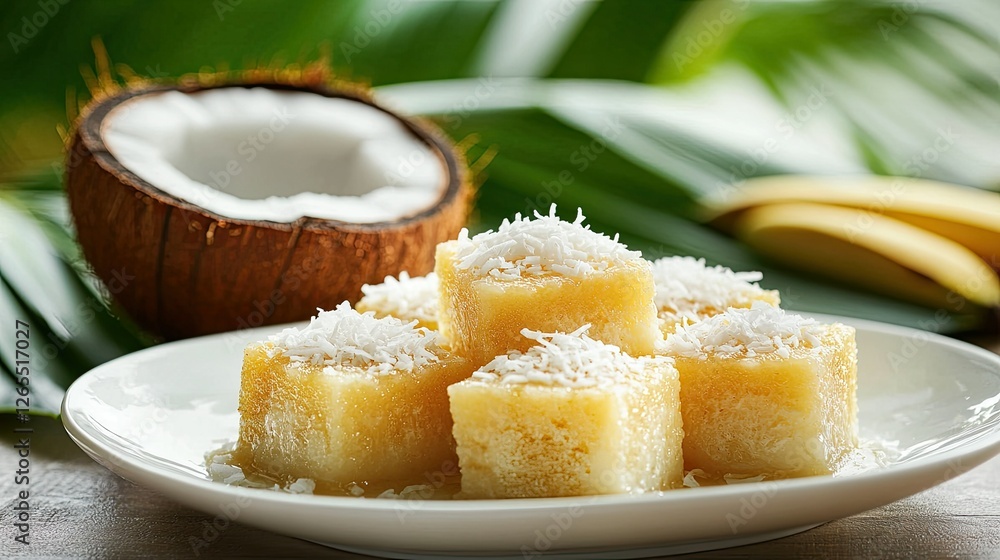 Pieces of Kanom Kluay topped with shredded coconut on a white dish, with a coconut half and banana leaves in the background Pieces of Kanom Kluay topped with shredded coconut on a white dish, with a coconut half and banana leaves in the background