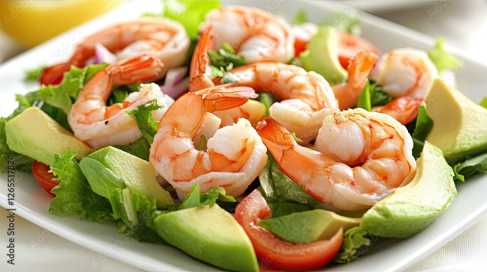 Restaurant-style seafood salad with shrimp, salmon, and avocado, presented on a modern white dish with artistic plating. Restaurant-style seafood salad with shrimp, salmon, and avocado, presented on a modern white dish with artistic plating.
