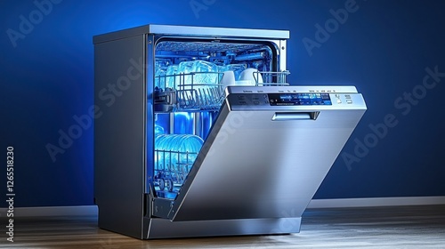Modern dishwasher open, clean dishes inside, lit interior, blue wall background