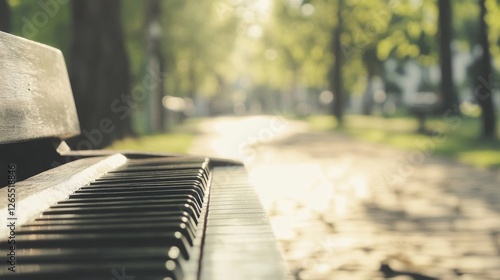 Fototapeta Naklejka Na Ścianę i Meble -  Park piano keys sunlight path background relaxation