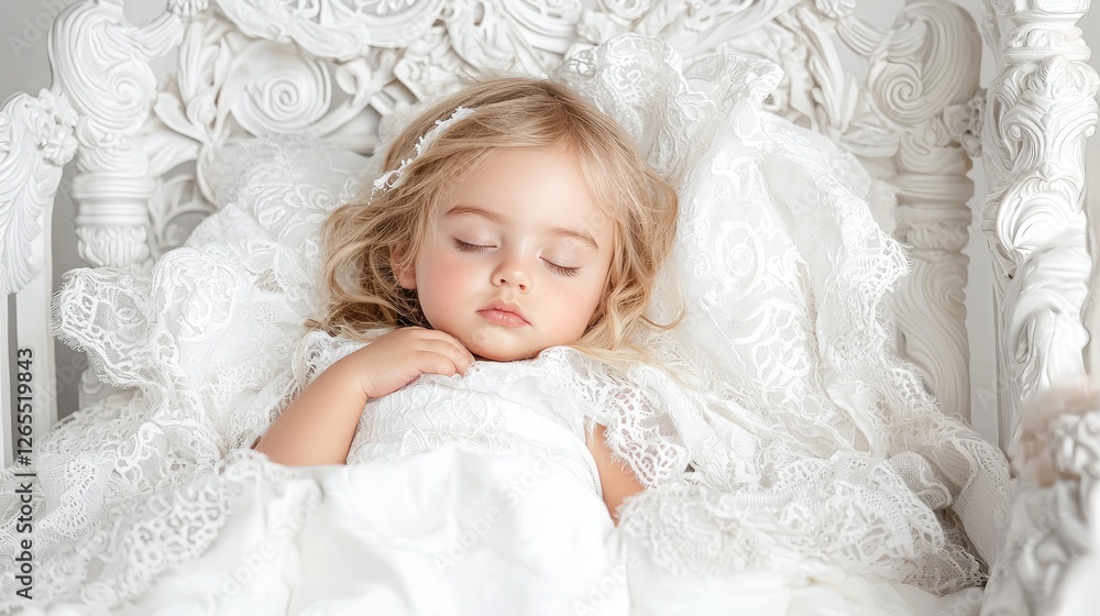 Sleeping Baby Girl in White Chair, Elegant Pose, Studio Shot, Possible Use Childrens Magazine or Website Sleeping Baby Girl in White Chair, Elegant Pose, Studio Shot, Possible Use Childrens Magazine or Website
