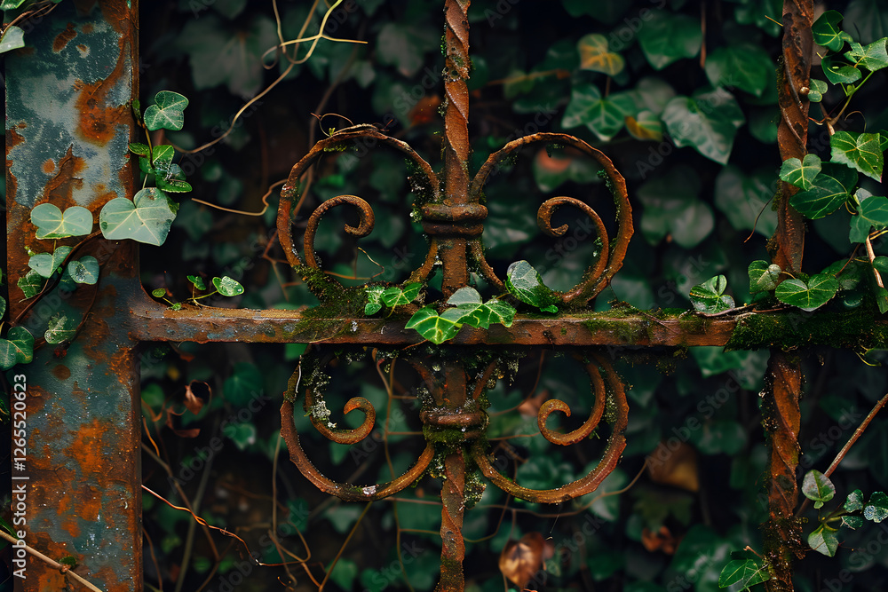 Rusted Metal Gate with Intricate Ironwork Partially Overgrown by Moss and Ivy Rusted Metal Gate with Intricate Ironwork Partially Overgrown by Moss and Ivy
