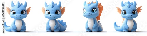 Set of cute little blue dragon creative minimal 3d style isolated white background, remove background