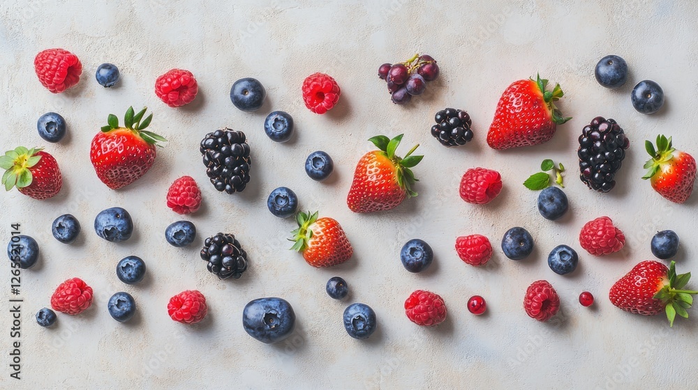 A collection of fresh berries, including strawberries, raspberries, and blueberries, spread on a neutral surface. A collection of fresh berries, including strawberries, raspberries, and blueberries, spread on a neutral surface.