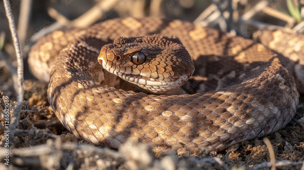 Close-up coiled snake in dry, sunlit grassland Close-up coiled snake in dry, sunlit grassland