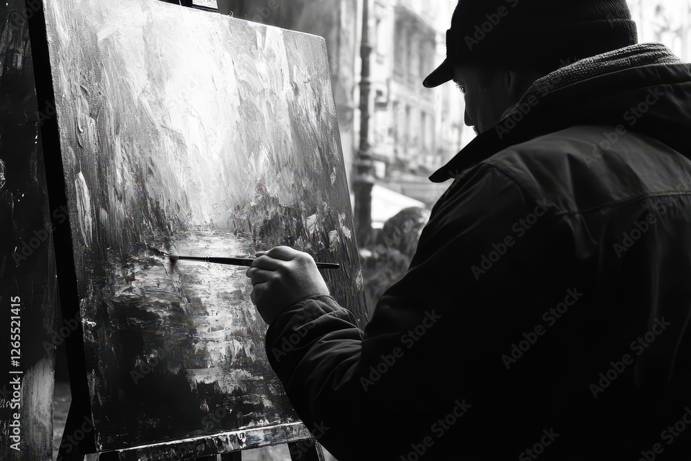 Fototapeta premium An artist is painting a grayscale scenery on a canvas