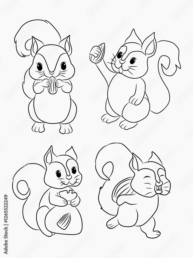 Obraz premium Hand-drawn squirrel outline set featuring various poses, ideal for coloring books and children’s illustrations