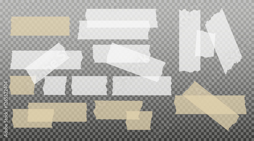 Scotch tape. Sticky paper tape. Adhesive Transparent sticky stripe. Sticker for collage, fixing photo notes. Vector