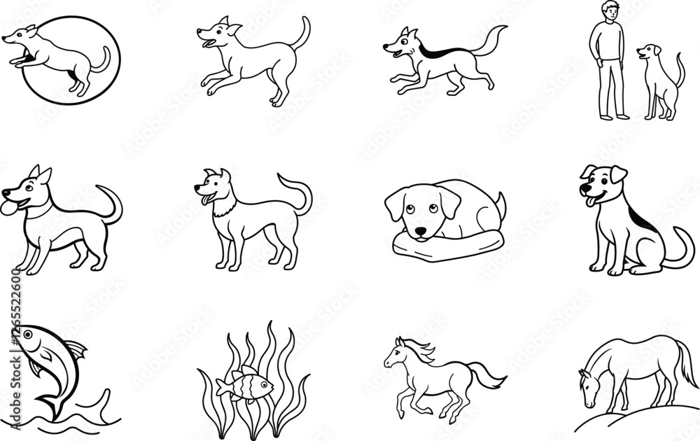 Dog breeds, fish, horses, simple line art icons, graphic design elements Dog breeds, fish, horses, simple line art icons, graphic design elements