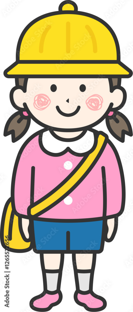 幼稚園の園服を着て、帽子をかぶった、女の子（線画）のイラスト