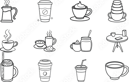 Coffee Shop Icons Beverages, Cups, French Press, and More