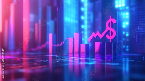 Wallpaper Mural Futuristic Cityscape with Growth Arrow, Futuristic digital cityscape with glowing skyscrapers and a red upward arrow symbolizing growth Torontodigital.ca