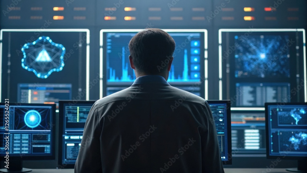 Man observing multiple screens displaying complex data and graphics in a dark control room Man observing multiple screens displaying complex data and graphics in a dark control room
