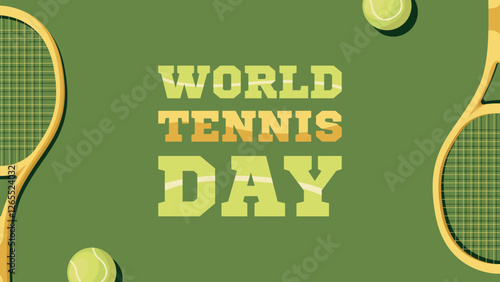 World Tennis Day.Tennis championship or tournament poster design.Rackets and ball isolated on green background.Templates for banner,web,social, greeting card.World sports celebration