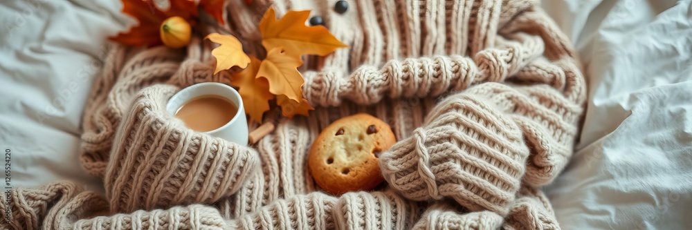 Cozy autumn weekend breakfast in bed with cup of coffee and cookie on warm wool sweater, hygge concept, copy space for text and design, autumn, hygge, weekend Cozy autumn weekend breakfast in bed with cup of coffee and cookie on warm wool sweater, hygge concept, copy space for text and design, autumn, hygge, weekend