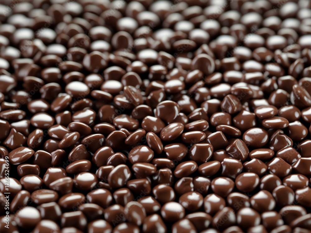 A hyperrealistic high-resolution close-up image of glossy chocolate chips. A hyperrealistic high-resolution close-up image of glossy chocolate chips.